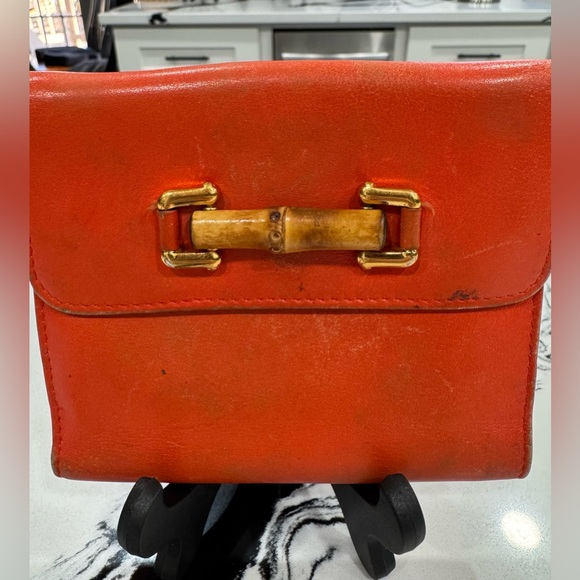 ✨ Vintage Gucci Bamboo Bar Wallet Burnt Orange Leather Bifold Italy - Picture 2 of 16